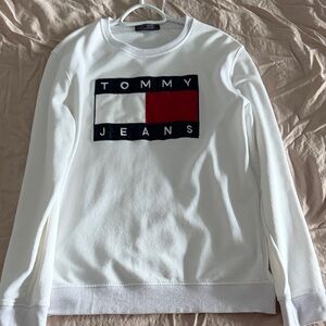 Tommy Hilfiger White Crewneck Sweater with Red and Blue Logo